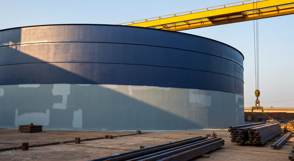 Carbon steel storage tank during coating application, zinc-rich primer transitioning to navy topcoat