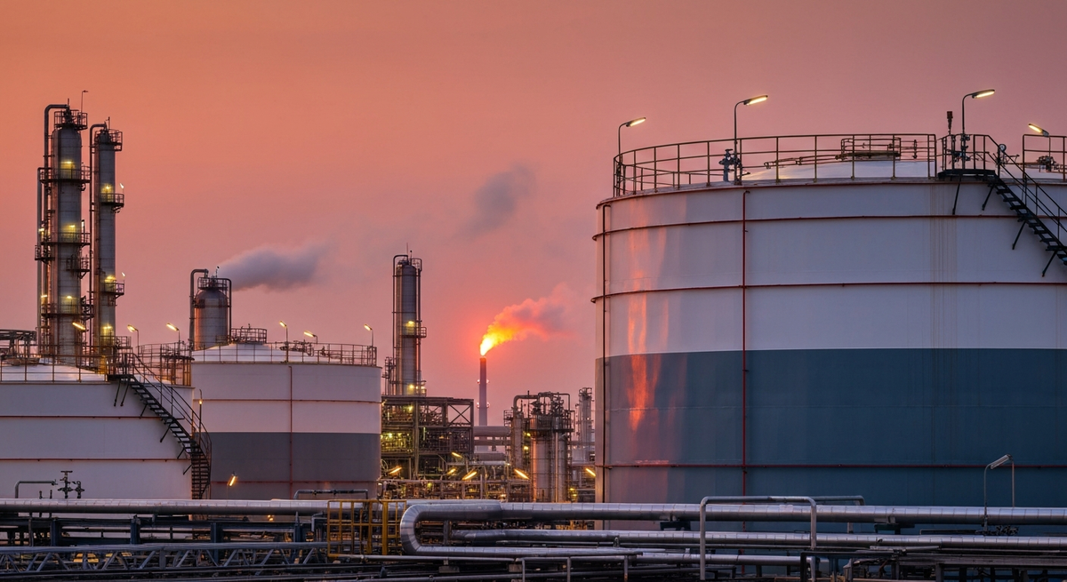 Coated cylindrical storage tanks at a West African petrochemical refinery at dusk