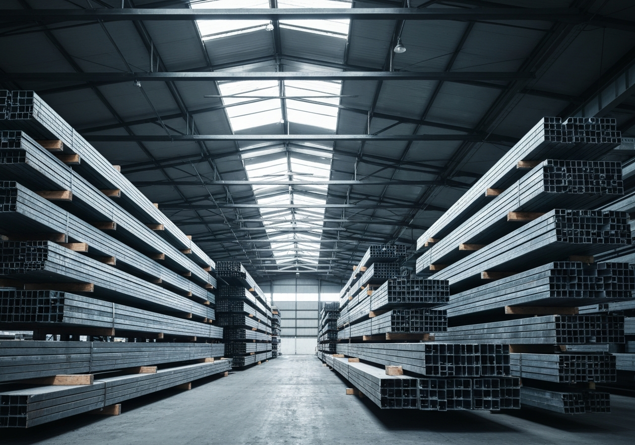 Stacked carbon steel structural tubing in an industrial warehouse — zinc-rich primer compatible substrate