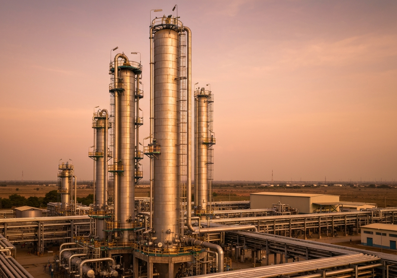 Refinery distillation tower at a West African petrochemical facility with weathered high-build epoxy coating