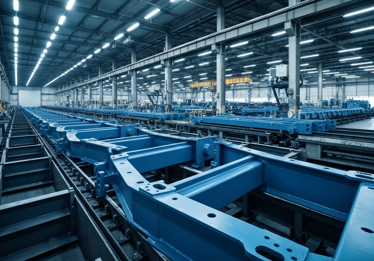 Heavy equipment manufacturing fabrication line with newly coated structural steel components